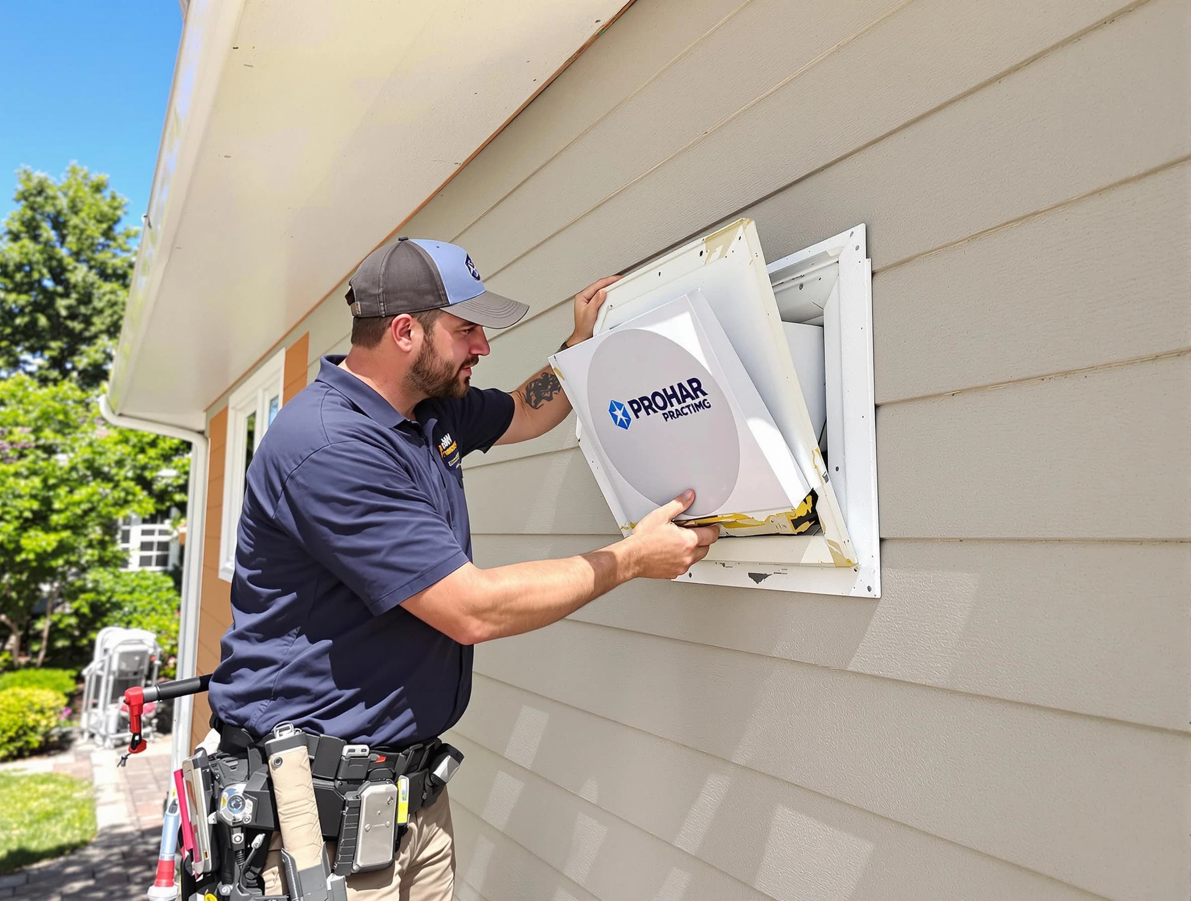 Braintree Dryer Vent Cleaning technician installing a new protective dryer vent cover on a home in Braintree