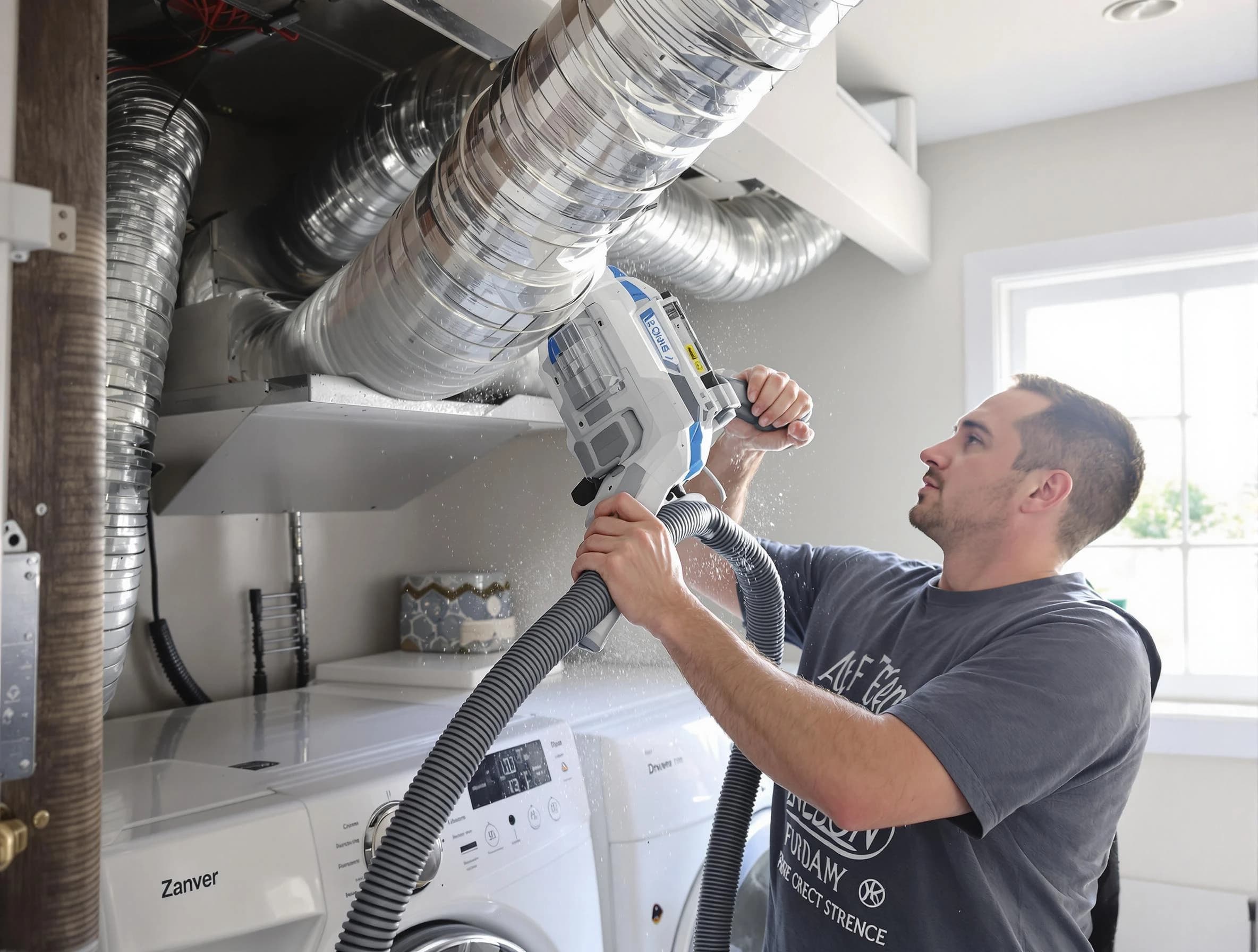 Braintree Dryer Vent Cleaning specialist cleaning deep within a dryer vent duct system in Braintree