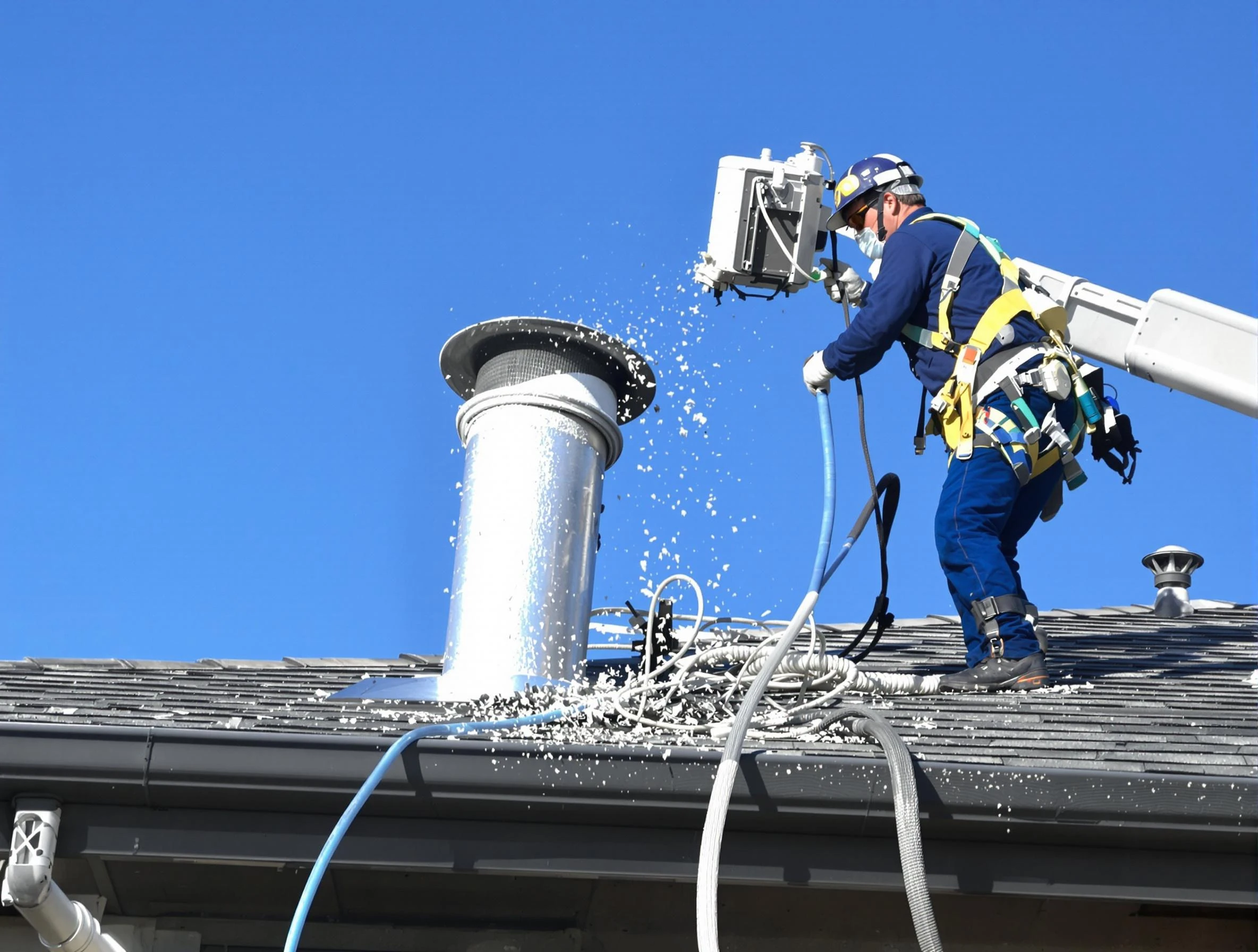 Braintree Dryer Vent Cleaning certified technician safely cleaning a roof-mounted dryer vent in Braintree