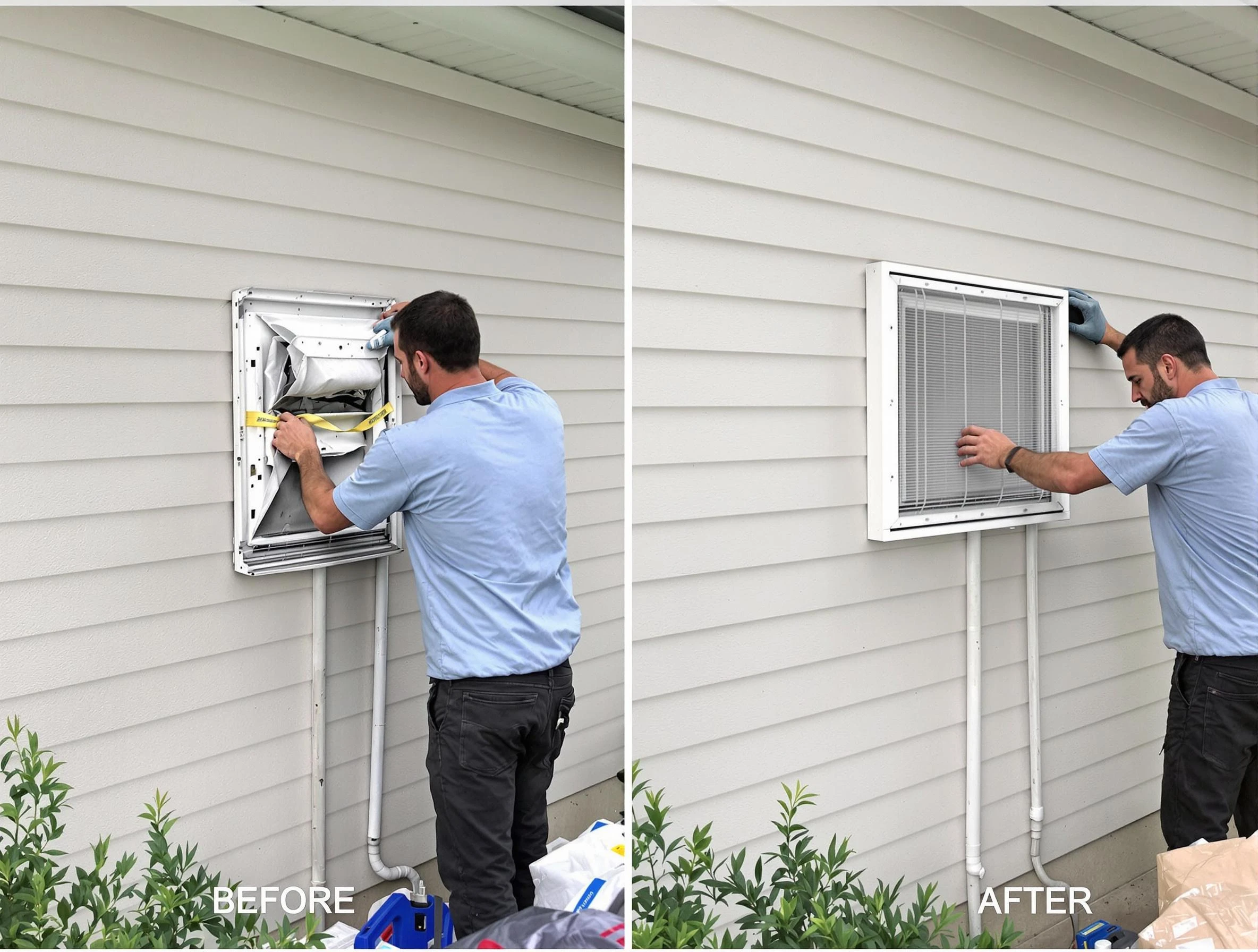 Braintree Dryer Vent Cleaning technician installing high-quality dryer vent cover at a residential property in Braintree